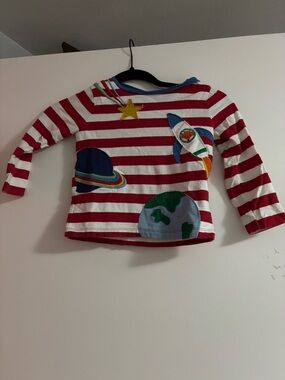 Red & White Striped Space Appliqué Kids Long-Sleeve Top